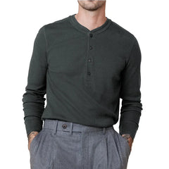 HEARUJOY  -  Men's Fashion Crewneck Long Sleeve T-shirt Henry Spring and Autumn Base Shirt Button Jumper Top