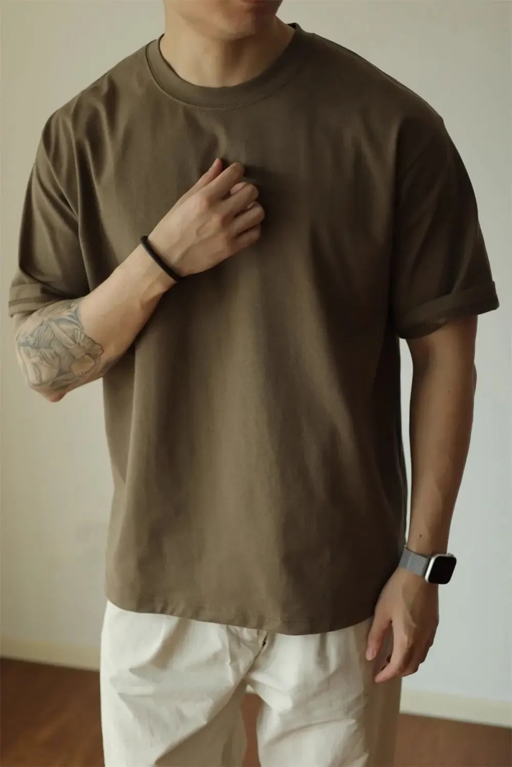 HEARUJOY  -  T-shirt American Pure Cotton Tough Guy Solid Color Men Short-sleeved Round Neck Couple Casual Versatile Business Base Shirt