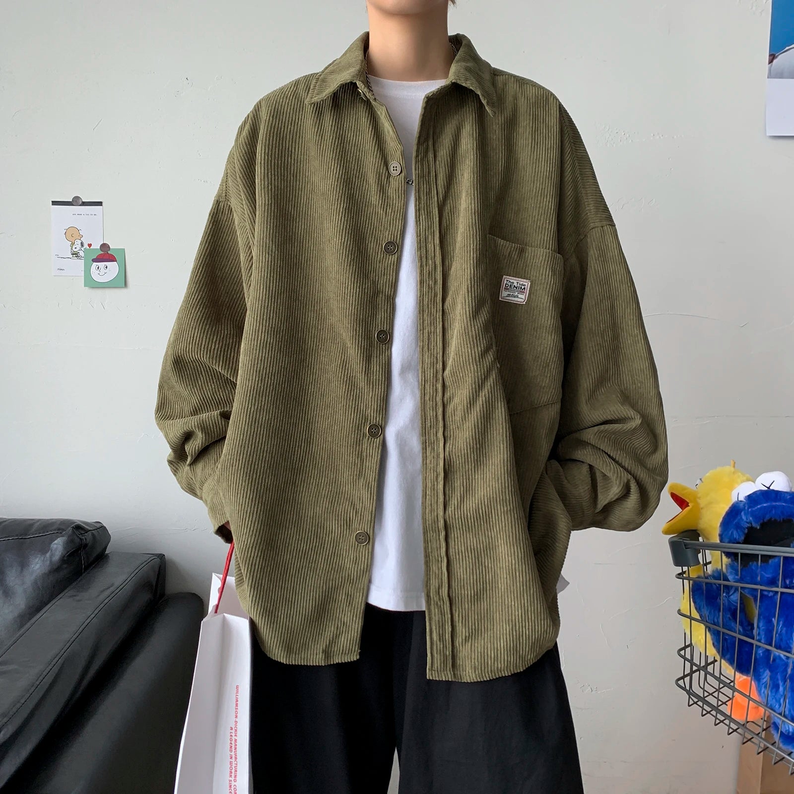 HEARUJOY  -  Men's Corduroy Long Sleeve Shirts Autumn Korean Shirt Woman Fashion Casual Oversize Shirt Printed Clothing Streetwear 3XL