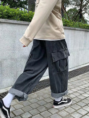 HEARUJOY  -  Baggy Jeans Men's Oversize Streetwear Fashion Wide Leg Cargo Pants Hip Hop Harajuku Multi-Pocket Denim Trousers Black Blue