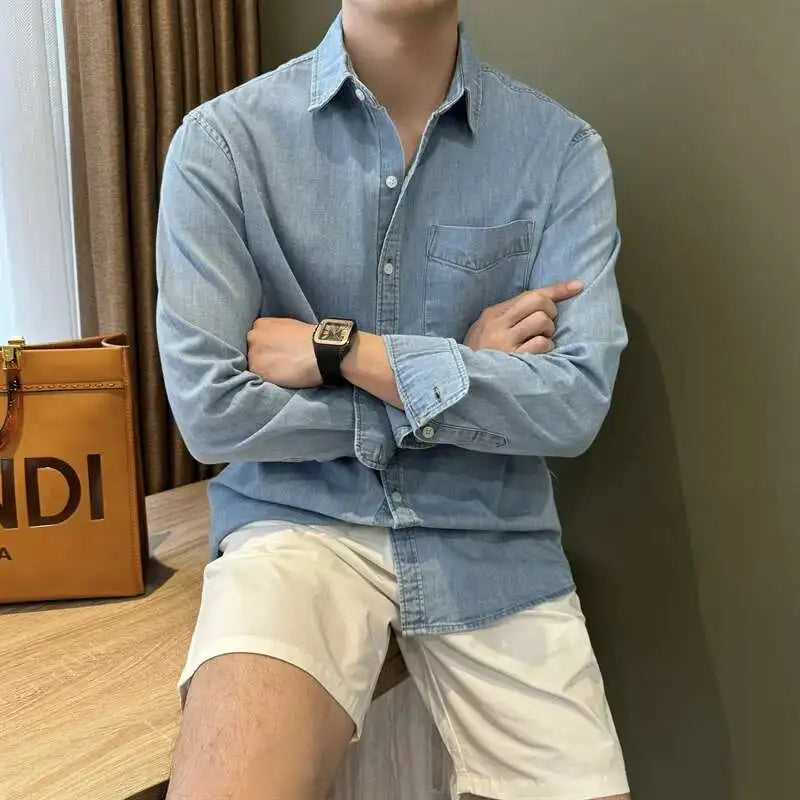 HEARUJOY  -  Lapel Collar Cotton Blend Denim Shirt Long Sleeve Shirt Retro Shirt British Versatile Casual Shirt Man Camisa Social Masculina