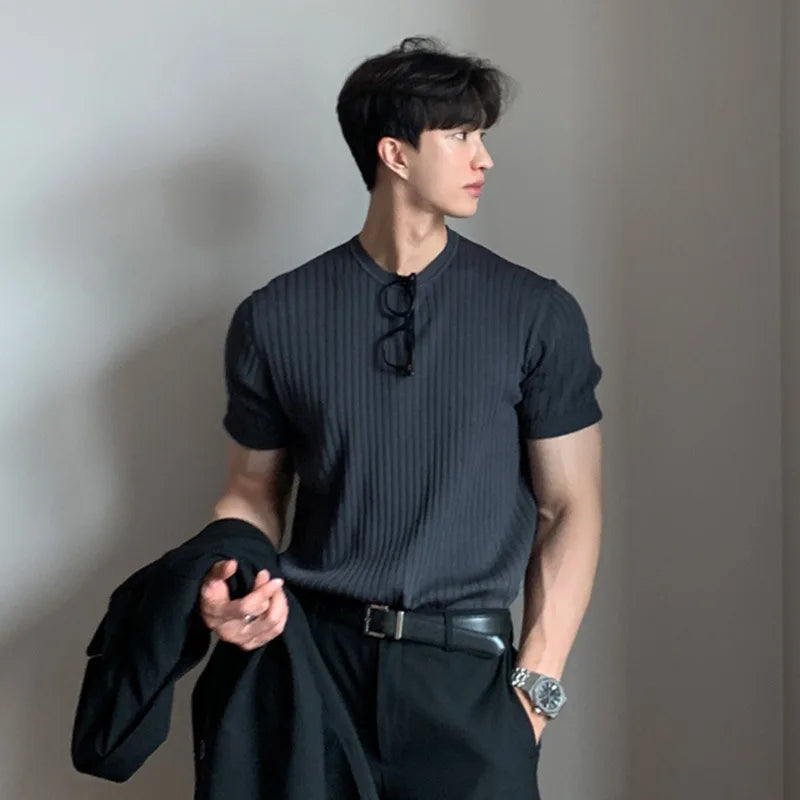 HEARUJOY  -  Men's Clothing Luxury Knitted T Shirt Casual Korean O Neck Solid Color Short Sleeve Tees for Men Breathable Summer Knitwear
