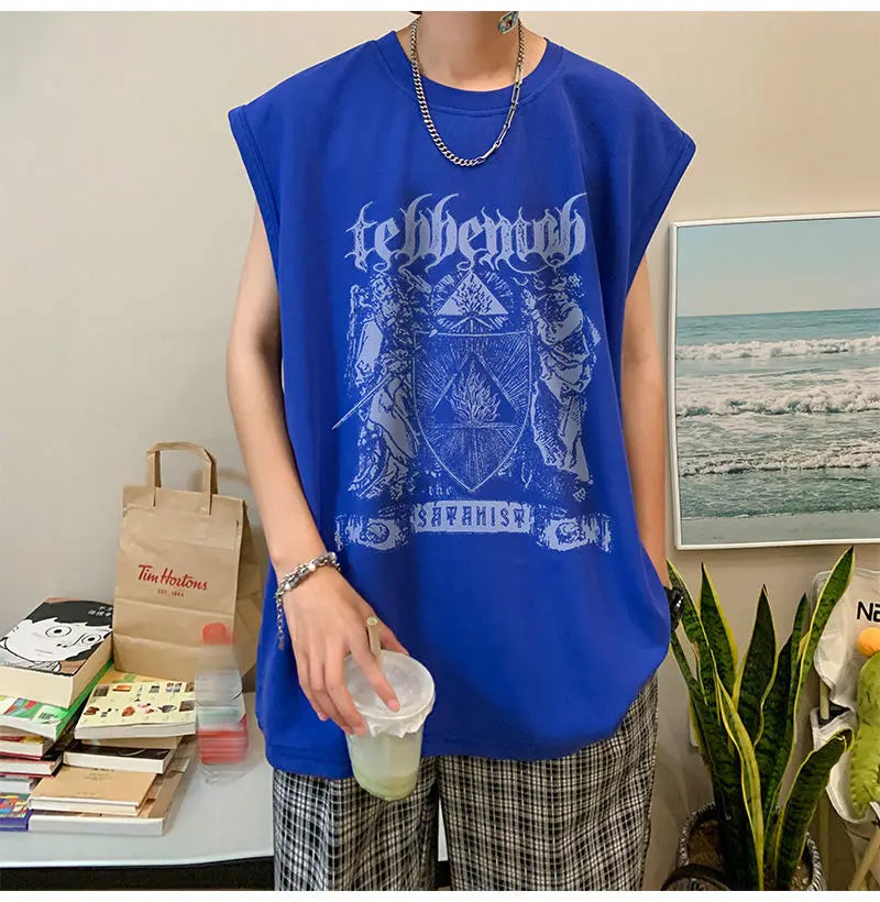 Hearujoy Summer Casual Pullover Shirt Tess Vest Men's Loose Sleeveless Cool Boy Sports Tops Solid Print Cotton Soft Gradual Tie-dye