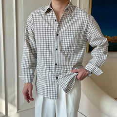 HEARUJOY  - New American Retro Men Shirts Light Luxury Textured Lapel Plaid Long Sleeve Cardigan Leisure Trendy Premium Check Blouse M-2XL