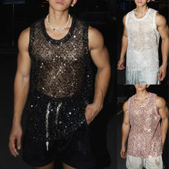 HEARUJOY  -  Mens Vest Mesh Sequins Sexy Nightclub Tank Top Summer Fashion Hollow Stage Performance Sleeveless Top Men'S Clothing 2025 New
