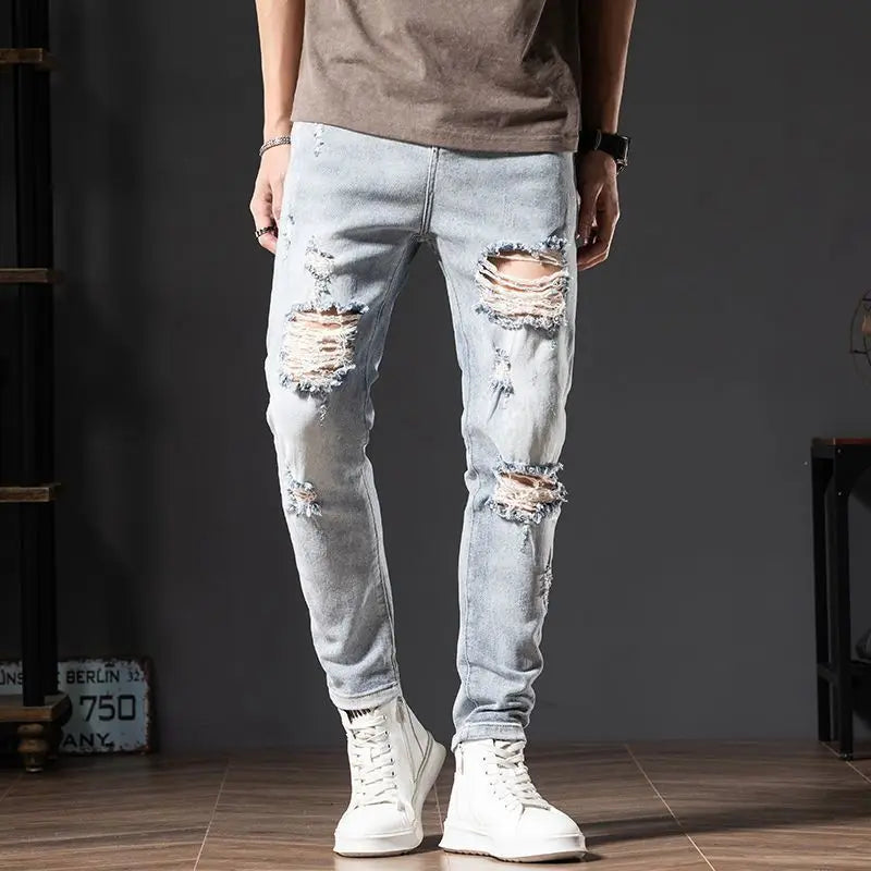 HEARUJOY  -  Beggar Streetwear Hole Slim Men Summer Korean Chic Small Feet Locomotive Light Blue Elastic Casual High Street Distressed Jeans