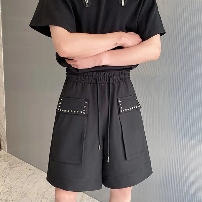 Hearujoy Elastic Waist Wide Leg Shorts Summer New Loose Male Straight Leg Pants Solid Color Pocket Lace-up Casual Trend 9C5354