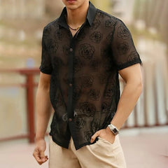 Hearujoy Mens Sexy See-Through Lace Rose Short-Sleeved Shirt 2024 Spring Summer New Genderless Fashion Thin Solid Color Loose Top Unisex