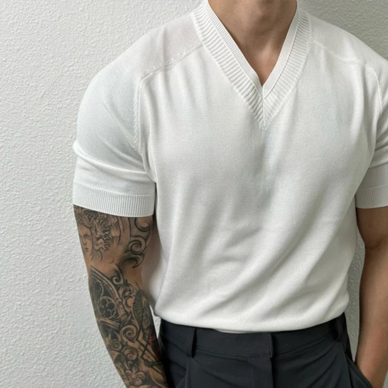 HEARUJOY  -  Men's Clothing Light Luxury Knit V Neck Short-sleeved T Shirt Solid Color Leisure Korean Popular Streetwear Retro Knitwear M-3XL