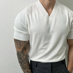 HEARUJOY  -  Men's Clothing Light Luxury Knit V Neck Short-sleeved T Shirt Solid Color Leisure Korean Popular Streetwear Retro Knitwear M-3XL