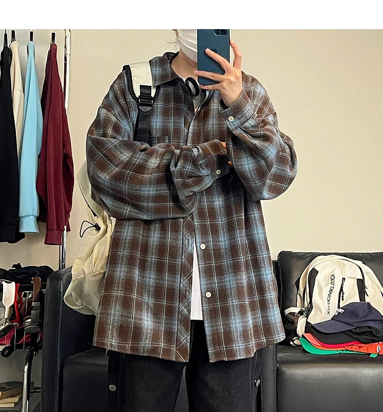 HEARUJOY  -  5XL Long Sleeved Shirt Men Oversized Retro Plaid Shirt Men Japanese Streetwear Loose Casual Shirt Mens Vintage Shirts Plus Size