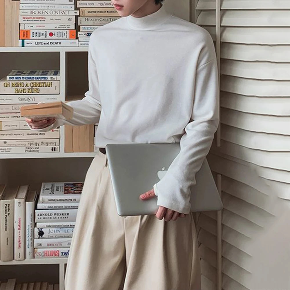HEARUJOY  -  Korean Street Fashion Half Turtleneck Solid Color Long-Sleeved T-Shirt Mens Autumn Winter Pure Cotton Casual Bottoming Shirt Men