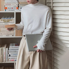 HEARUJOY  -  Korean Street Fashion Half Turtleneck Solid Color Long-Sleeved T-Shirt Mens Autumn Winter Pure Cotton Casual Bottoming Shirt Men