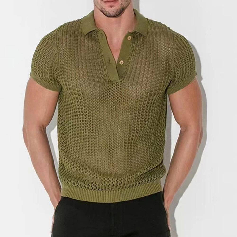 HEARUJOY  -  Shirt Tops V-lapel Tops Fashion Fashion Streetwear Ribbed Knitted Sexy See Throughm Hollow Out Short Sleeve Shirt