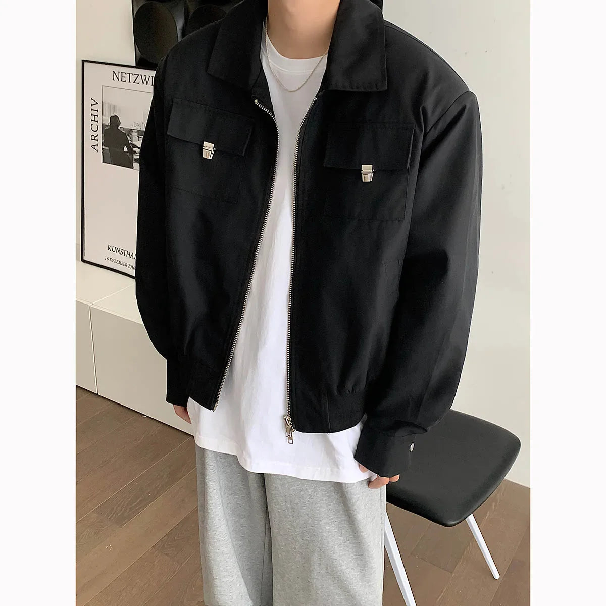 Hearujoy Korean Fashion High-end Jackets for Men American Niche Short Baseball Jacket Shoulder Pads Oversized Workwear Bomber Jacket Men