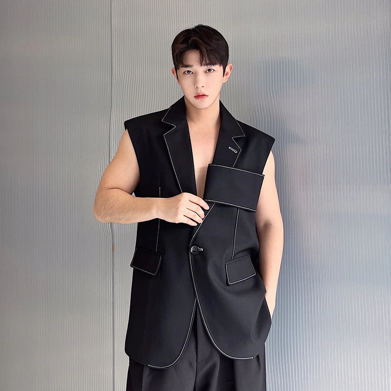 Hearujoy Personality Korean Fashion Design Long Suit Vest Mens Casual Long Suit Waistcoat Chic Style Sleeveless Jacket Gilet Homme