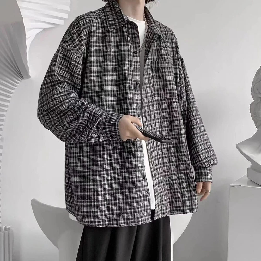 HEARUJOY  -  2XL Mens Plaid Shirt Lapel Shirt All Seasons Buttoned Closure Long Sleeves Slight Stretch Shirt For Daily Wear