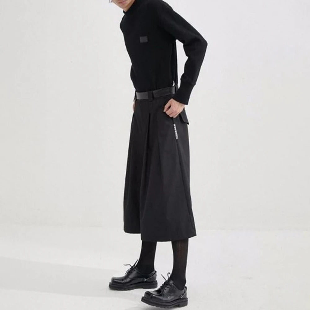 Hearujoy Mens Dark Style Casual Solid Color Culottes Genderless Fashion Youth Trend Street Loose Cropped Wide Leg Trousers Unisex