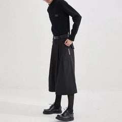 Hearujoy Mens Dark Style Casual Solid Color Culottes Genderless Fashion Youth Trend Street Loose Cropped Wide Leg Trousers Unisex