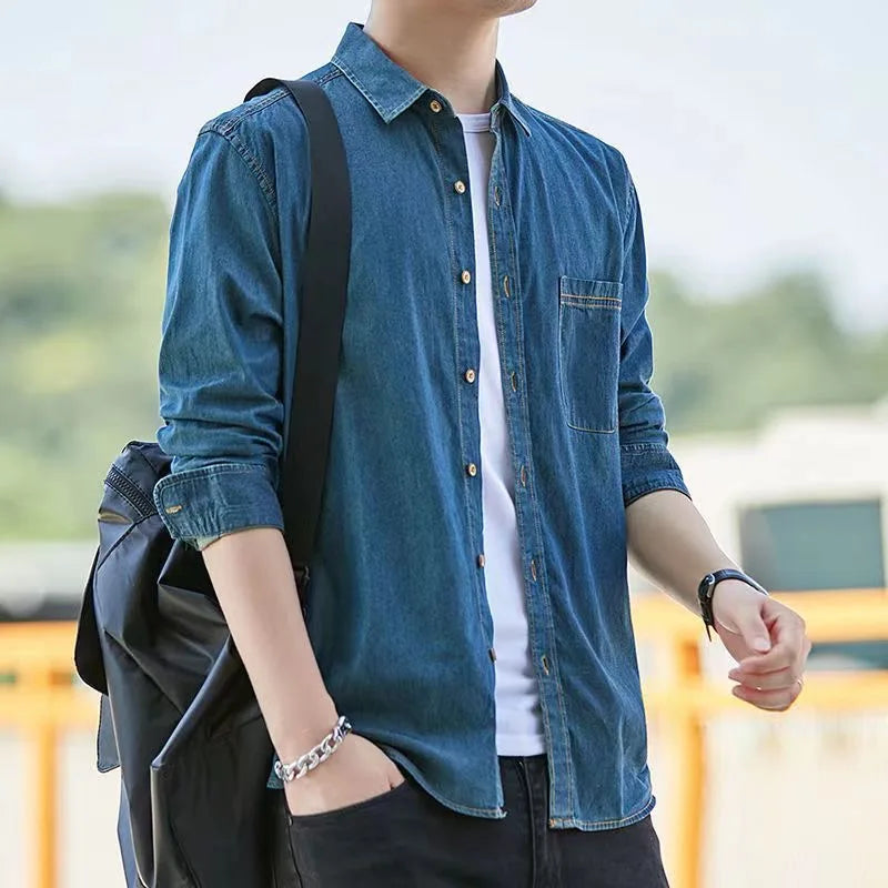 HEARUJOY  -  Fashion Korean Style Denim Shirt For Men 100% Cotton Long Sleeve Slim Fit Tops Spring Autumn Casual Denim shirts Plus Size 4XL