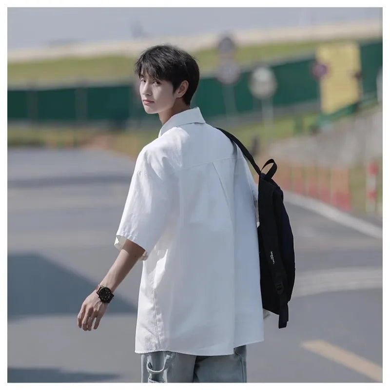 HEARUJOY  -  Retro Japanese Men's Casual Short Sleeve Shirt Spring Summer Loose Fit Versatile Youth Button Loose Half Sleeve Blouse Shirts