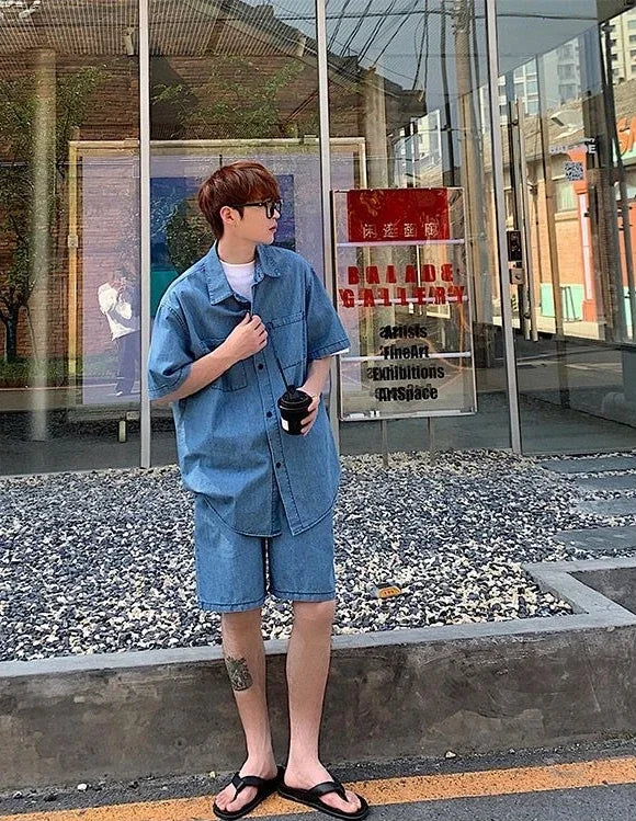 HEARUJOY  -  Japanese Man Sets Work Clothes Loose Cool Two-piece Set New in Matching Elastic Baggy Korean Stylish Shirts Shorts Suits for Men