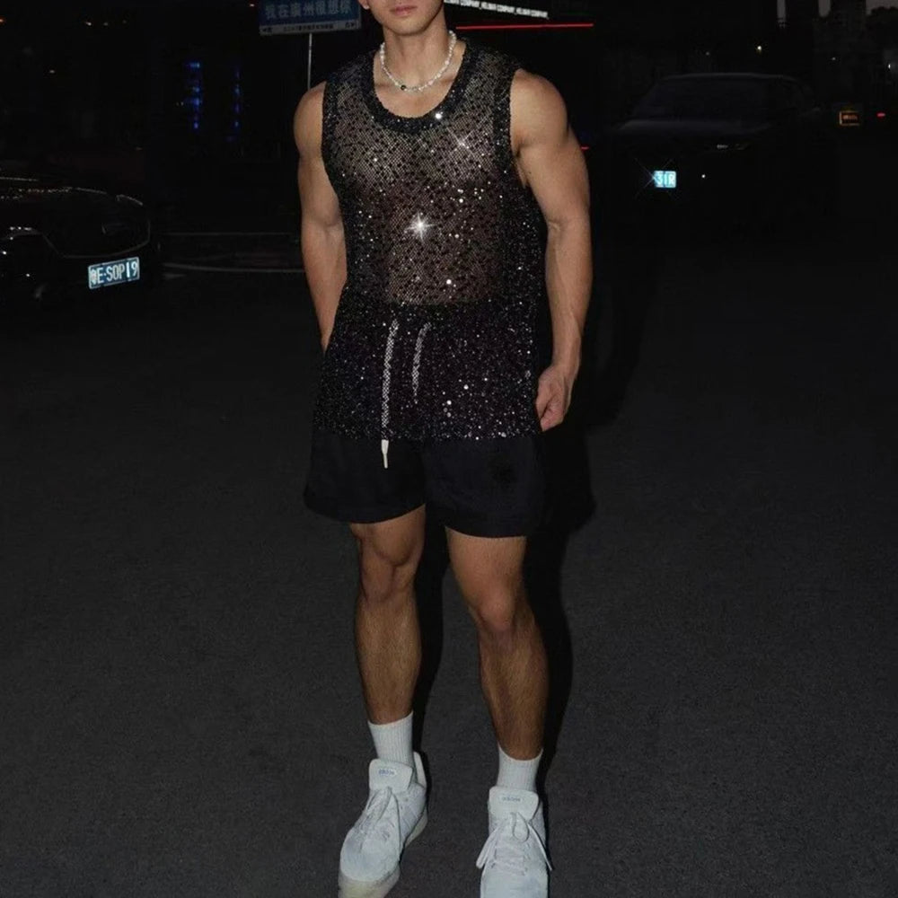 HEARUJOY  -  Mens Vest Mesh Sequins Sexy Nightclub Tank Top Summer Fashion Hollow Stage Performance Sleeveless Top Men'S Clothing 2025 New