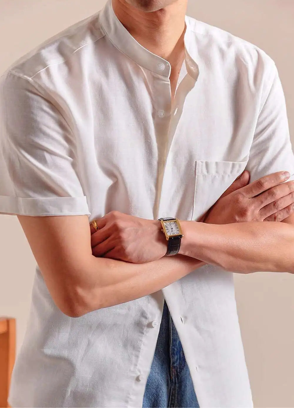 HEARUJOY  -  Natural Linen Cotton Blend Stand Up Collar Shirt Top Quality Men's Short Sleeved Casual Loose Thin Breathable Shirt 3 Colors