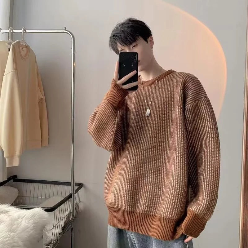 Hearujoy  Striped Knitted Sweater Coat Men Japanese Oversize Casual Autumn Winter Loose O-neck Pullovers for Man Streetwear