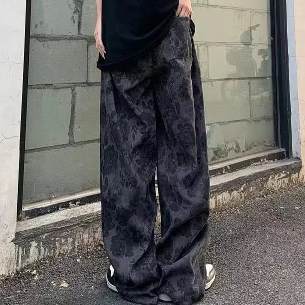 HEARUJOY  -  Men Loose Vintage Casual Jogging Pants Printing Korean Style High Street Trouser Wide Leg Streetwear