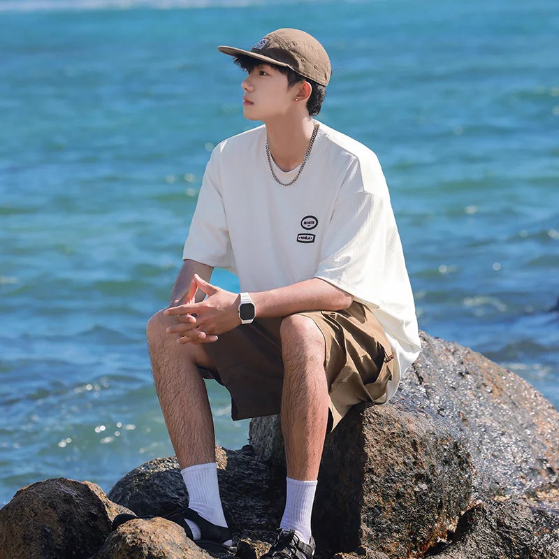 HEARUJOY  -  Korean Fashion Ins Trendy Brand Street Printed T Shirt Couple Summer Y2k Simple Hip-hop White Black Round Neck Sports Top Tees