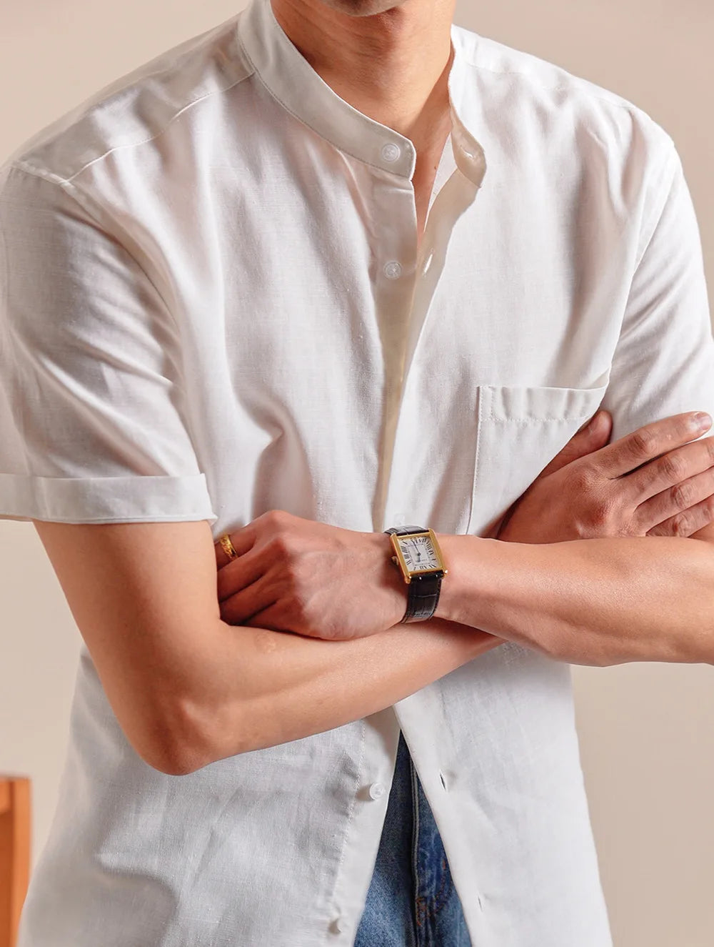 HEARUJOY  -  Natural Linen Cotton Blend Stand Up Collar Shirt Top Quality Men's Short Sleeved Casual Loose Thin Breathable Shirt 3 Colors
