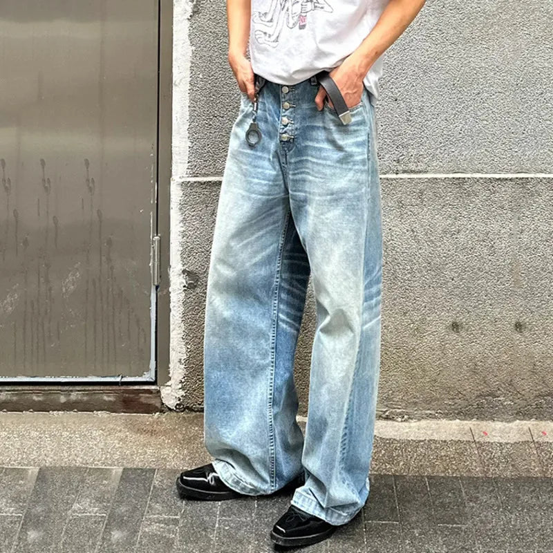 Hearujoy High Street Men's Denim Pants Loose Washing Bottun Design Straight Wide Leg Malwe Casual Jeans Autumn Simple 9C6709