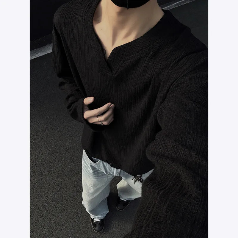 HEARUJOY  -  Spring Long Sleeved T-shirt Men Oversized Casual V-neck T Shirt Men Streetwear Korean Loose Pleated T Shirt Mens Top M-3XL