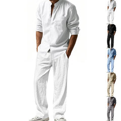 HEARUJOY  -  Men's Four-season Linen Loose and Breathable Long-sleeved Shirt, Casual Long Pants, Beach Suit