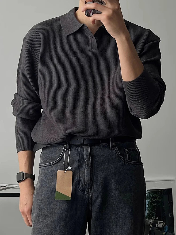 HEARUJOY  -  Spring Autumn Casual Knitting Men Polo Shirts Long Sleeve Slim Fit Elastic Knit Jumper Tops Men's Stylish Solid Color Polo Shirt