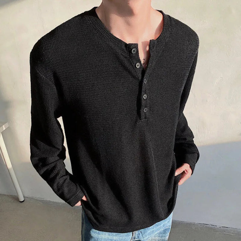 HEARUJOY  -  Spring Long Sleeved T-shirt Men Fashion Black Gray Casual T Shirt Men Streetwear Korean Loose Round Neck T Shirt Mens Top M-3XL