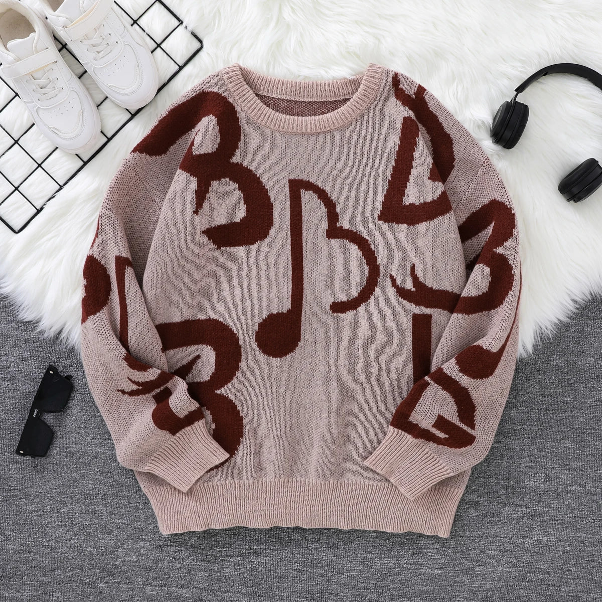 HEARUJOY  -  New Popular Autumn and Winter Letter Note Jacquard Pattern Pullover Sweater Casual Round Neck Contrast Color Knitted Men's Pullover