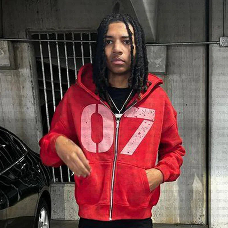 Hearujoy Gothic Retro Oversized Hoodie Number 07 Printing Y2k Hooded Cardigan Sweatshirts European and American Fashion Long Sleeve