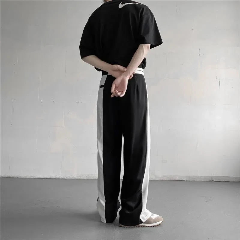 Hearujoy Fashion Trend Black White Solid Color Asymmetrical Elastic Waist High Casual Full Length Pants Straight Loose Men's Clothing