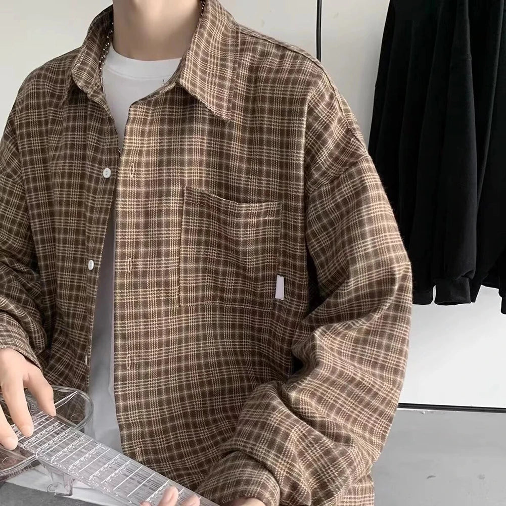 HEARUJOY  -  2XL Mens Plaid Shirt Lapel Shirt All Seasons Buttoned Closure Long Sleeves Slight Stretch Shirt For Daily Wear