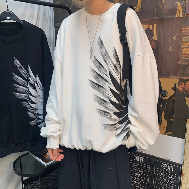 HEARUJOY  -  Dark Feather Wings Printed Round Neck Sweater Men's Fall Plus Size Plus Size Loose Pullover Versatile Top
