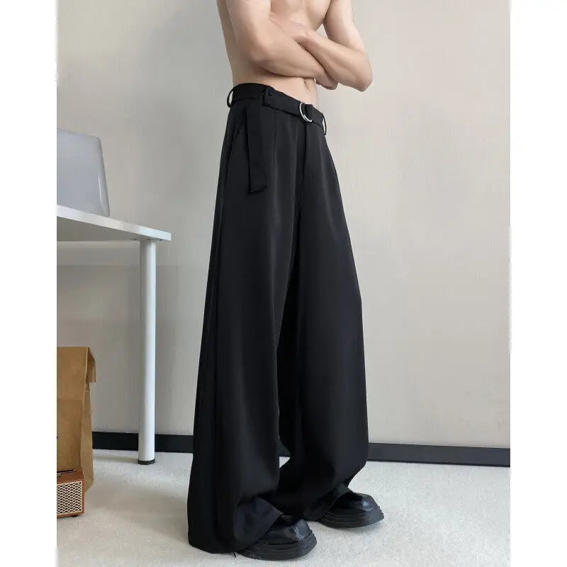 HEARUJOY  -  Belt Suit Pants Men Fashion Society Mens Black Dress Pants Korean Loose Wide Leg Pants Mens Office Formal Trousers Plus Size
