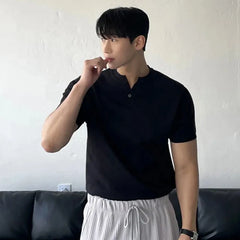 HEARUJOY  -  New Men Luxury Henry Collar T-Shirt Leisure Slim Button-down Solid Color Short Sleeve Tops Korean Style Summer Breathable Tees