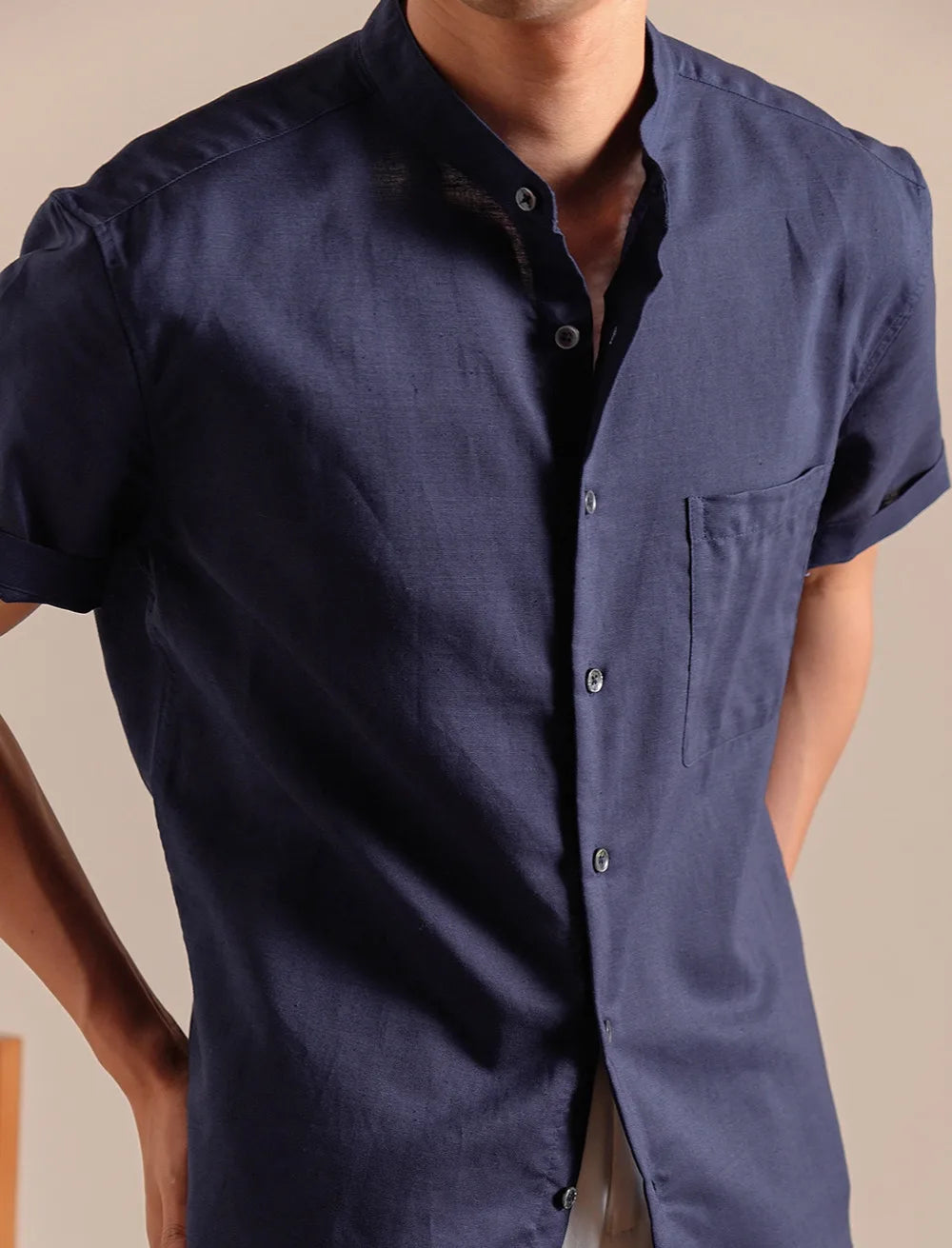 HEARUJOY  -  Natural Linen Cotton Blend Stand Up Collar Shirt Top Quality Men's Short Sleeved Casual Loose Thin Breathable Shirt 3 Colors