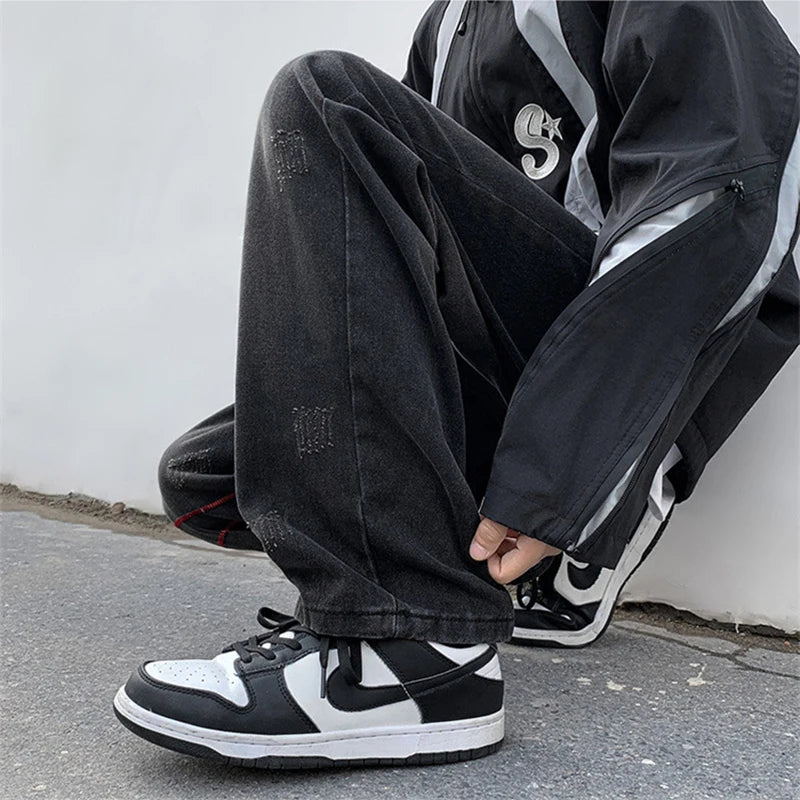 HEARUJOY  -  Autumn Men'S Jeans Korean Version Loose Straight Leg Pants Street Style Wide Leg Pants Black Pants Casual Denim Jeans