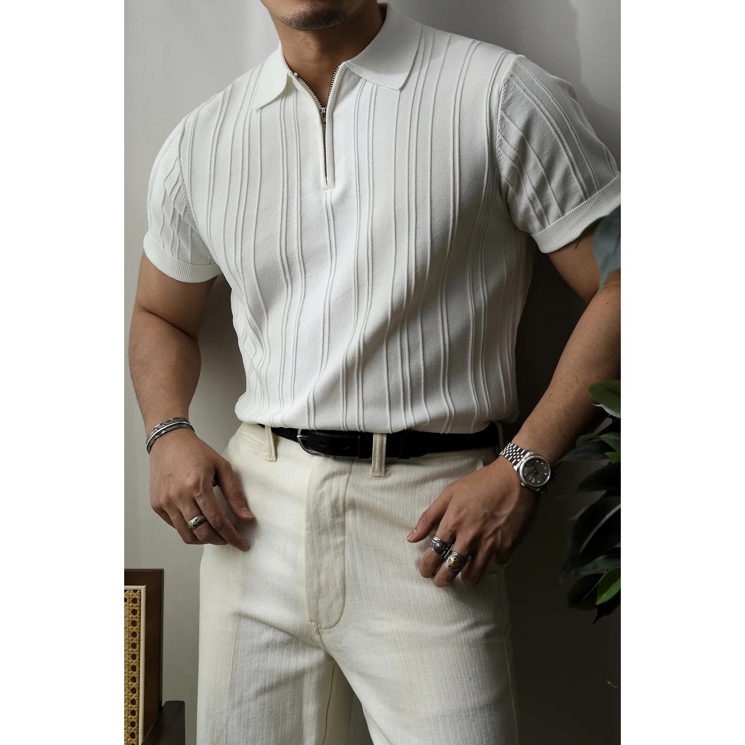 HEARUJOY  -  Summer Men Solid Zipper Knitted Polo Shirt Streetwear Fashion Male Clothes Lapel Slim Basic Business Casual Short Sleeve Tops