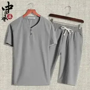HEARUJOY  -  Cotton Linen T-shirts Shorts Suits for Men V-neck Plain Sports Novelty in New Tops & Tees Aesthetic Kpop Regular Fit Man Sets