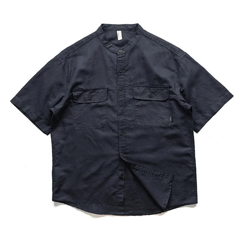 HEARUJOY  -  Japan Style Mens Linen Cotton Short Sleeve Shirt Harajuku Summer Stand Collar Solid Color Male Casual Breathable Classical Tops