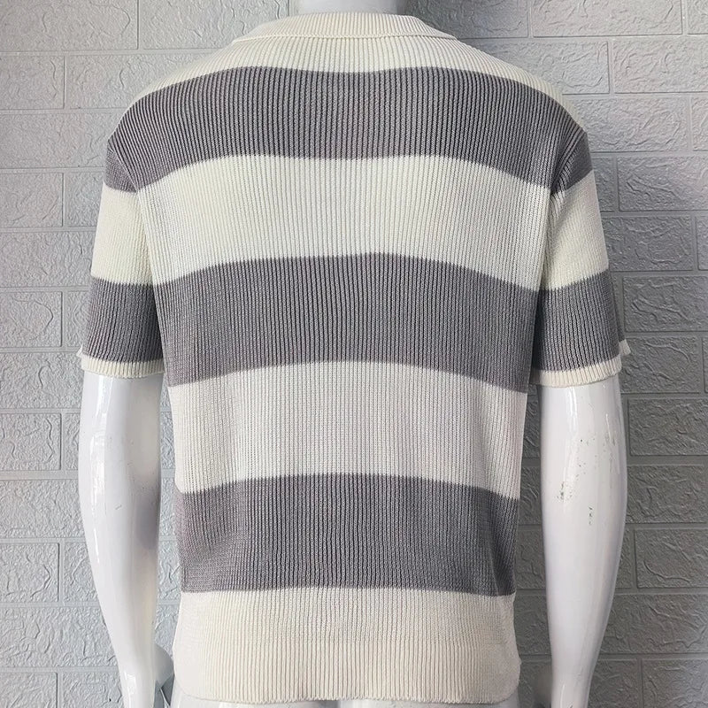 HEARUJOY  -  Men's New Polo Shirt Color Striped Short-sleeved Lapel Casual Sweater Top